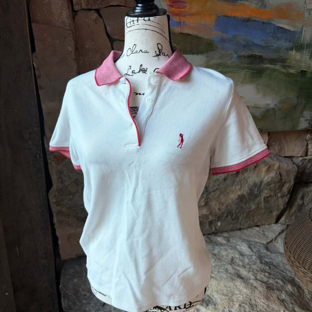 Izod Sport Women’s White Polo Shirt Red Trim Golf Logo Size M Stretch Cotton